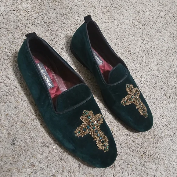 Dolce & Gabbana Emerald Velvet Loafers with Gold Cross Detail Size 10 Dolce & Gabbana Emerald Velvet Loafers with Gold Cross  main image 4